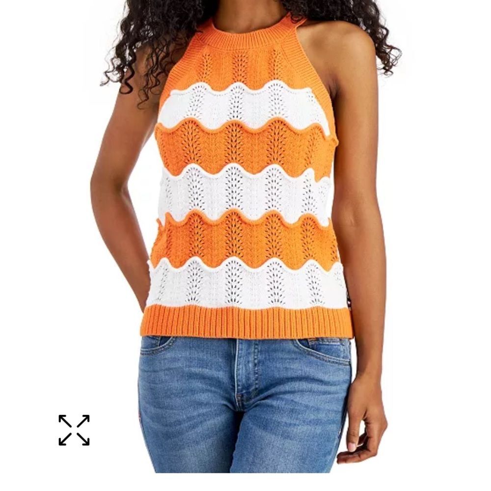 Tommy Hilfiger Women's Cotton Scallop-Stripe Tank Orange & White Size Medium